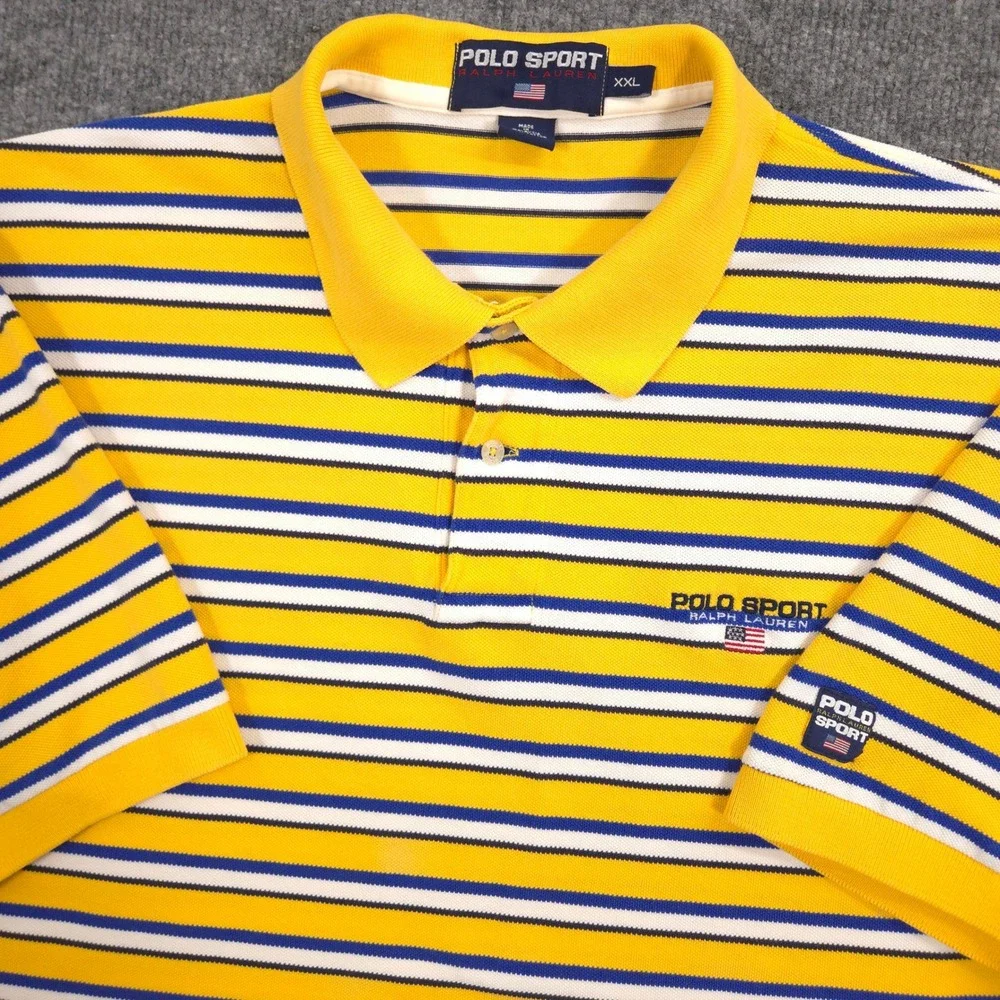 Ralph Lauren Polo Sport Polo Shirt Mens XXL Yellow Blue Striped Pique Knit Retro